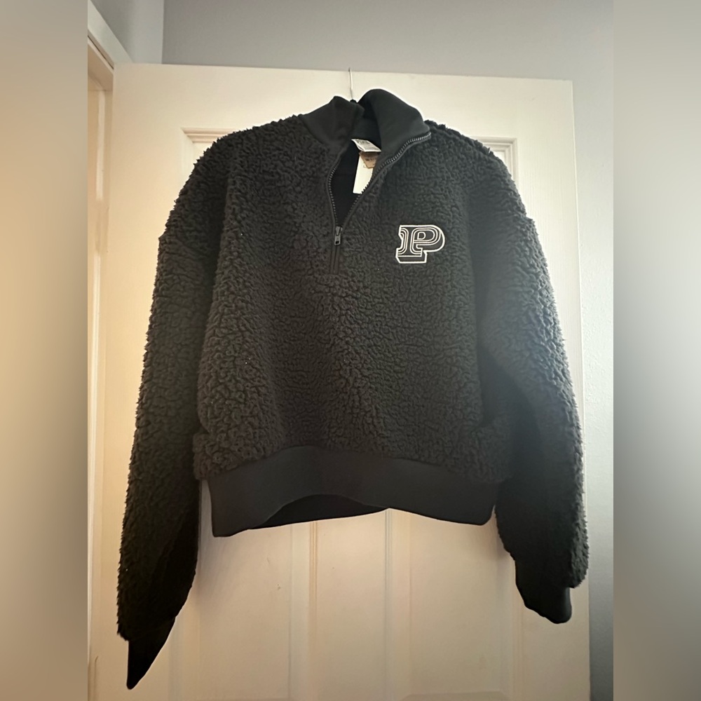 Pink Victoria secret black pullover sherpa sweater